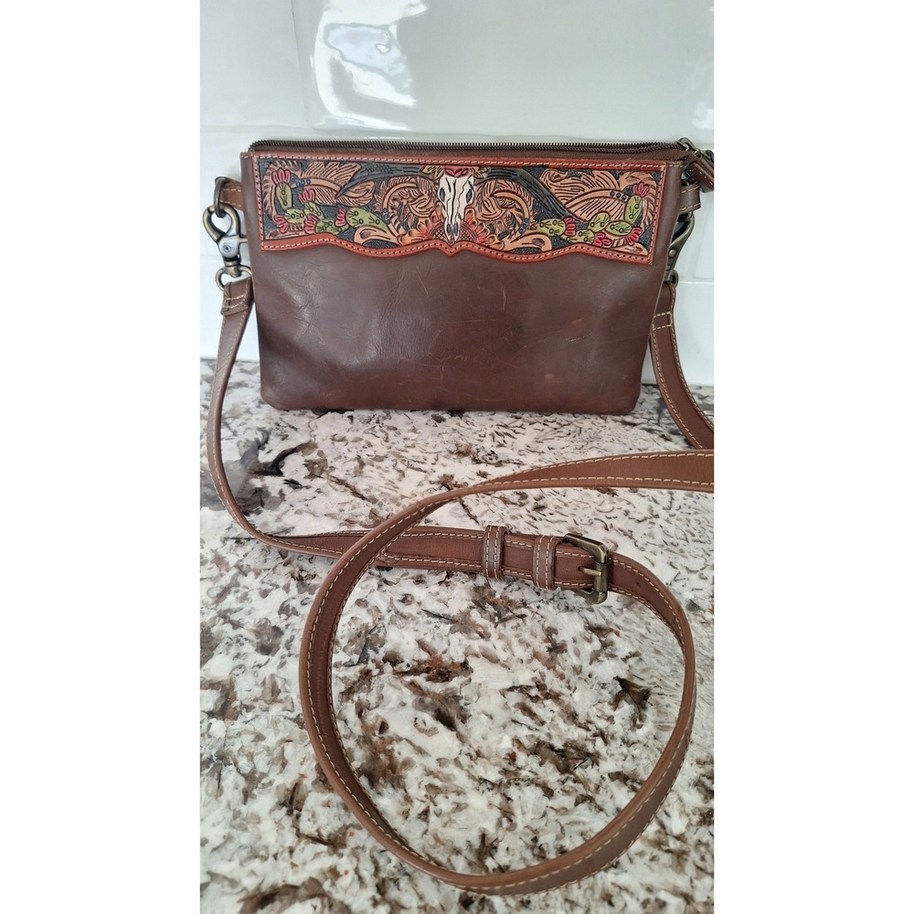 Myra Bag Brown Tooled Steer Skull Floral Crossbody Bag Clutch Painted